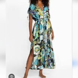 Johnny Was S/M Jenn Drawcord Kaftan Cover Up Dress NWT Floral Blue Green CSW512